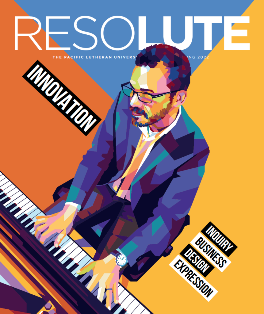 cover-image Cover of the "innovation" issue of ResoLute magazine. Cover image is an artistic rendering a music professor playing piano.