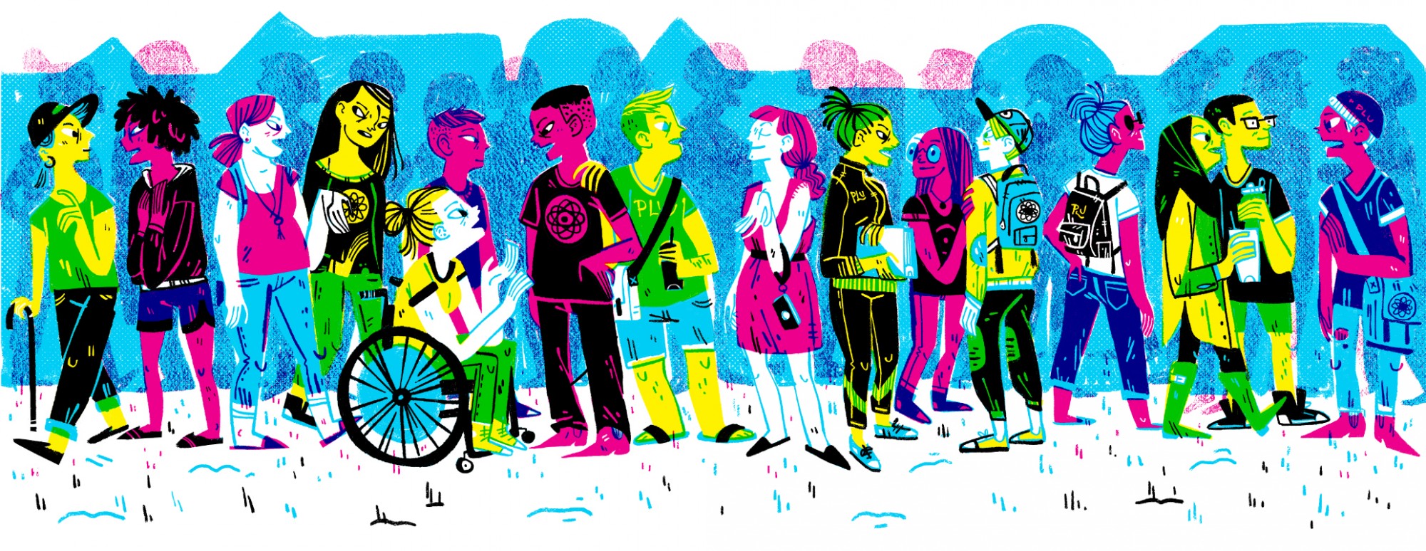 a brightly colored illustration (blues, reds, purples, etc.) of PLU students