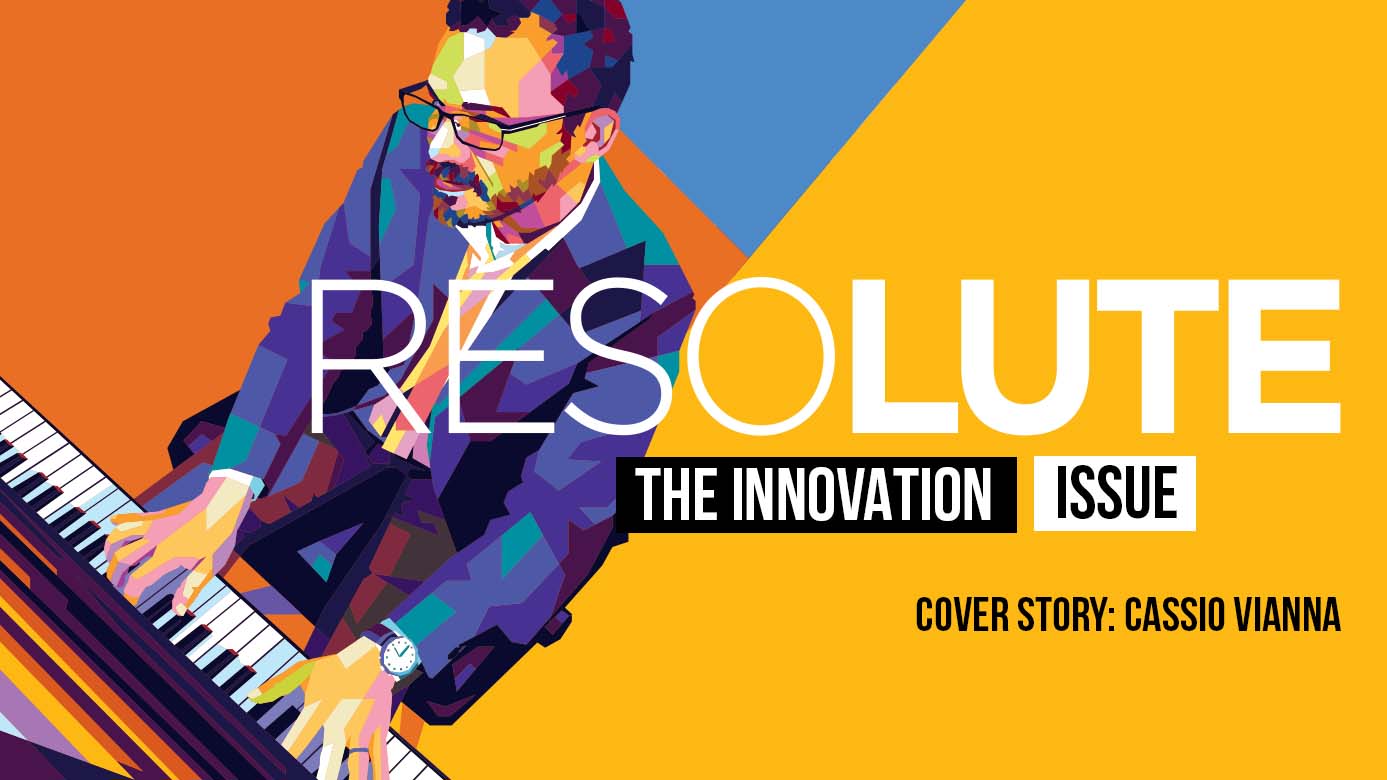 Horizontal Illustration of the ResoLute magazine cover. PLU Jazz professor Casso Vianna is playing at the piano and text on the illustation says 'RESOLUTE: THE INNOVATION ISSUE' and "cover story: cassio vianna"