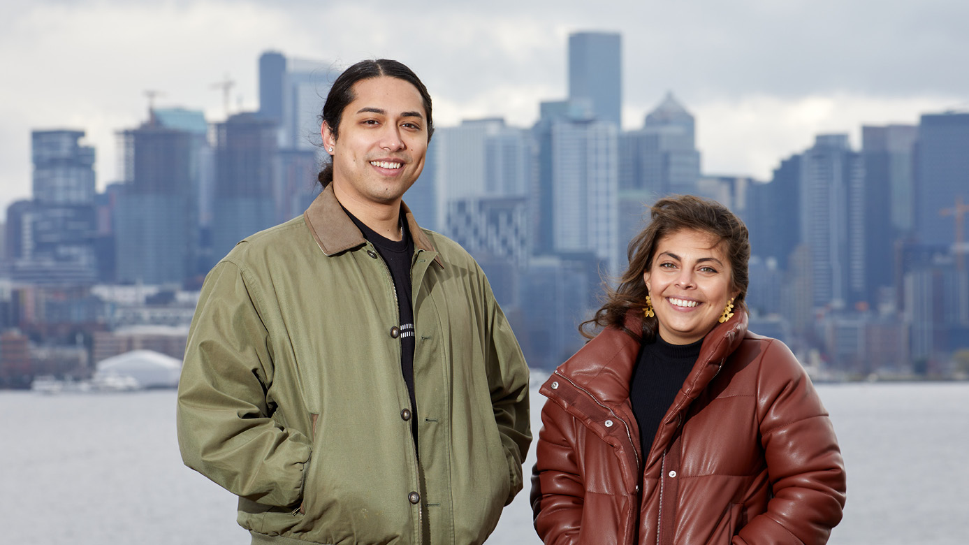 Tyler Dobies ’16, and Maya Perez pose for a photo at Gasworks park, Tuesday, March 8, 2022, in Seattle. (PLU Photo/John Froschauer)