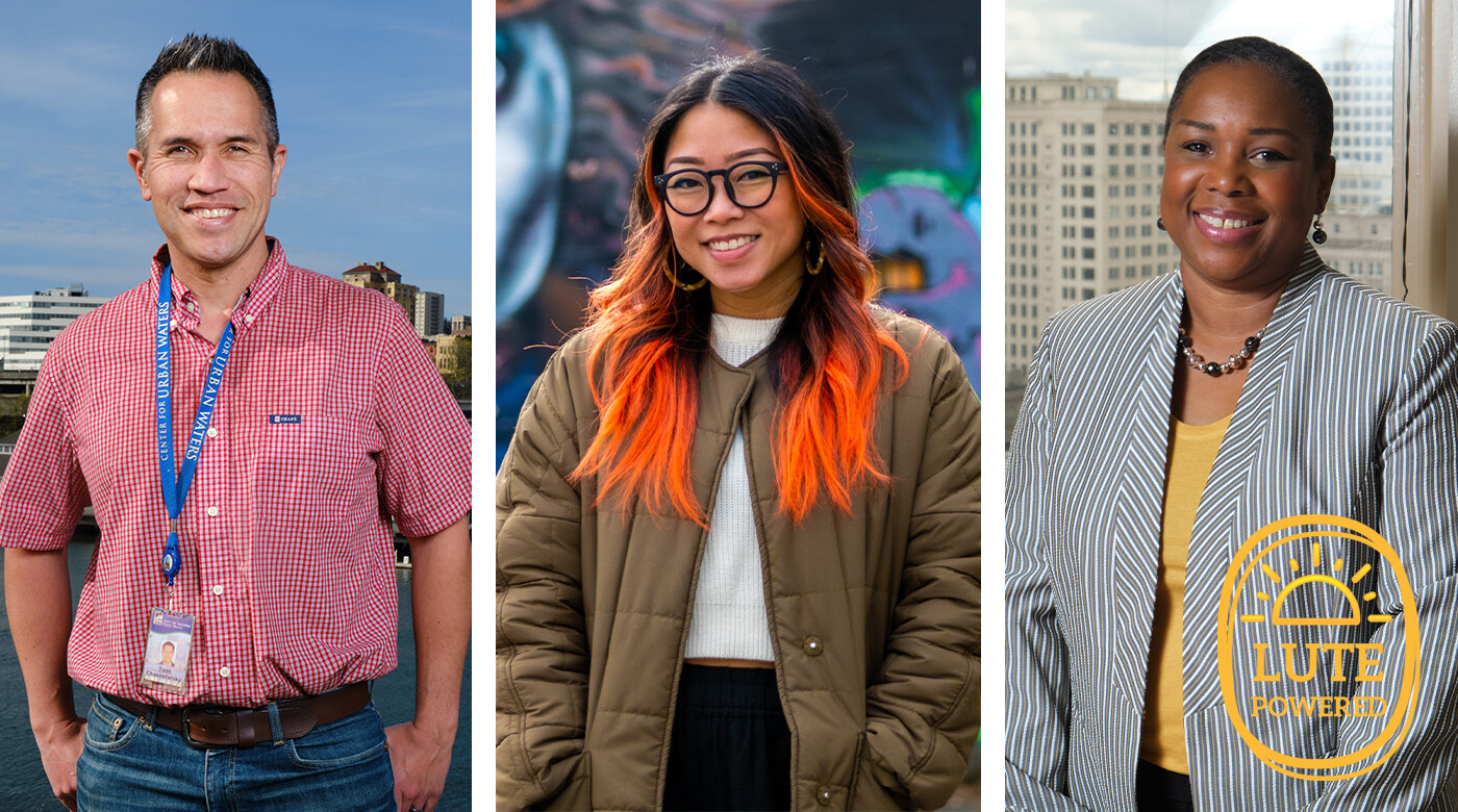 Three headshots side by side of Tom Chontofalsky '03, Clarissa Gines '12 and Lisa Woods '92. All three are smiling. Tom has the port of Tacoma behind him, Clarissa is standing in front of a mural, and Lisa is in her office with the downtown Tacoma in the background.