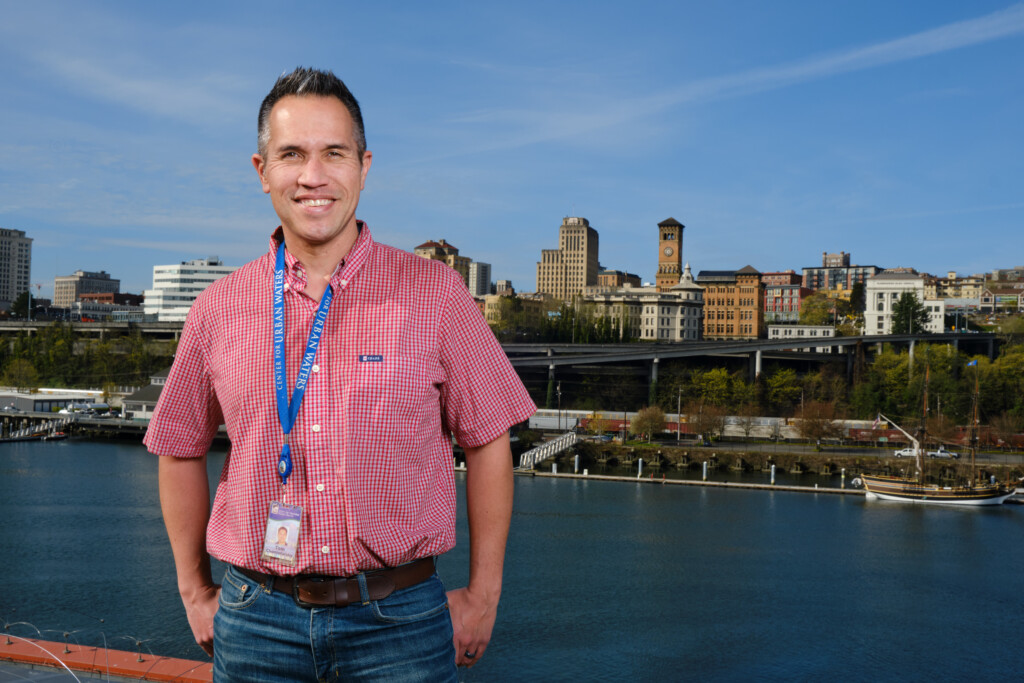 Tom Chontofalsky '02, in the lab and on the roof of the building on the Foss Waterway where he works analyzing water collected around the city, Thursday, April 7, 2022, in Tacoma. at PLU (PLU Photo/John Froschauer)