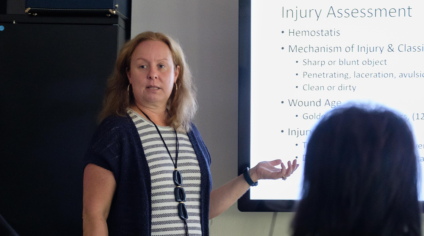 Kathy Richardson instructs a class on suturing at PLU , Friday, Sept. 7, 2018. (Photo/John Froschauer)