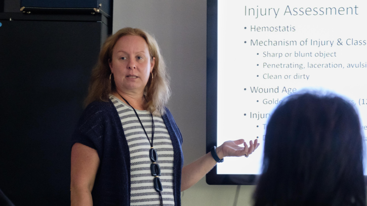 Kathy Richardson instructs a class on suturing at PLU , Friday, Sept. 7, 2018. (Photo/John Froschauer)