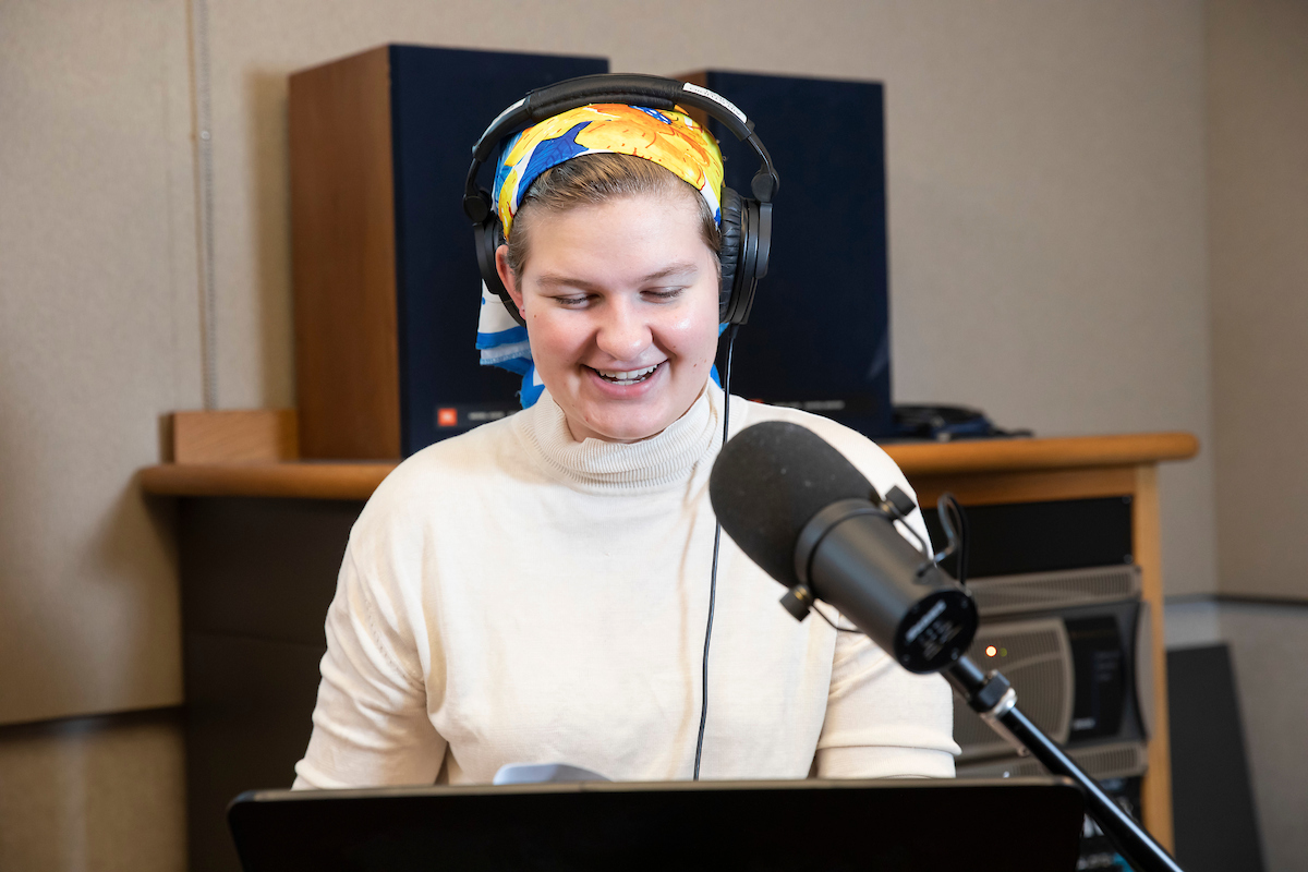 Z Rich ’24, left, and Fulton Bryant-Anderson ’23, produce the radio show “War of the Worlds,” in the Student Media Center in the Neeb building, Tuesday, Oct. 25, 2022, at PLU. (PLU Photo / Sy Bean)