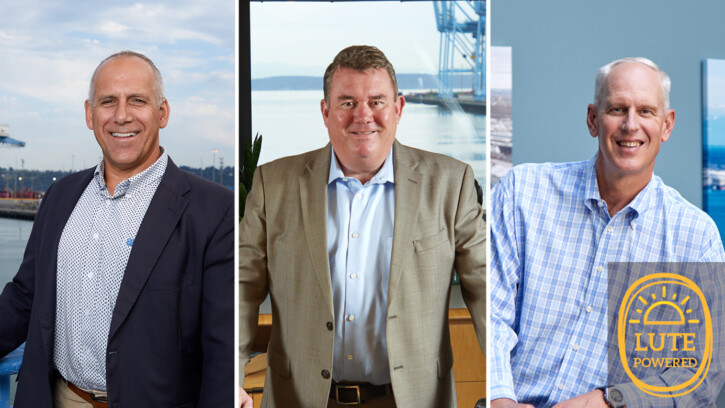 A banner with three headshots of John Wolfe Eric Johnson and Mark Miller. Each are dressed business casual and standing in front of different backdrops around the Port of Tacoma.