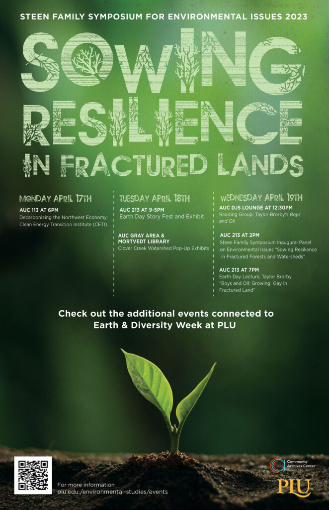 Promotional poster for the Steen Environmental Symposium. The poster is green and includes the event title, a few event descriptions and artistic treatment of a stem growing from a seed in the ground.