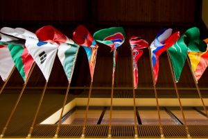 Flags of various nations reflecting where students study and are from on display in the University Center at PLU on Tuesday, June 25, 2013 (Photo/John Froschauer)