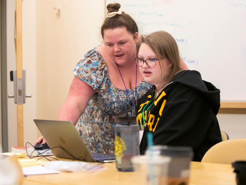 Two students work together on a lap top. They both are talking.