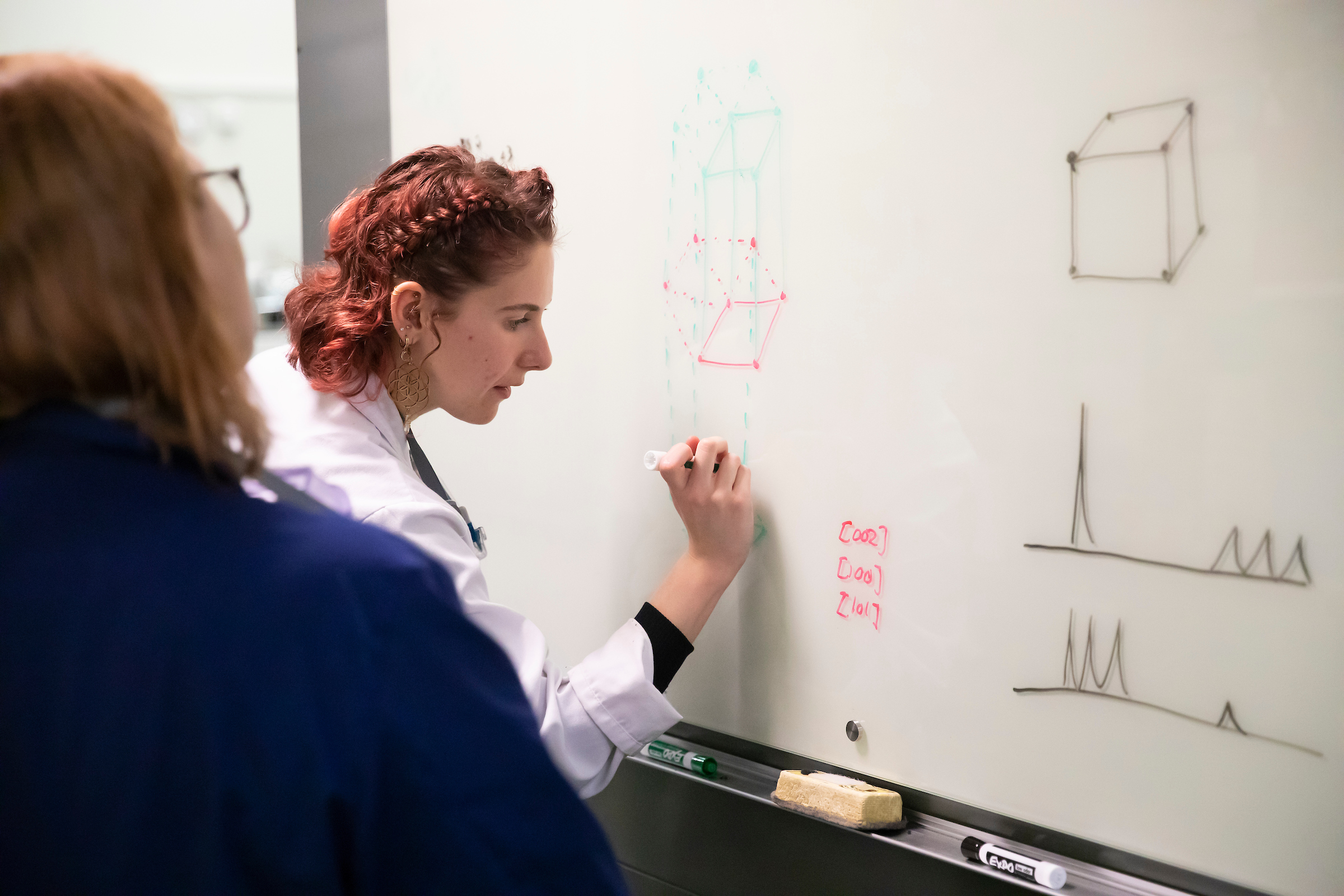 A PLU student draws nanocrystals on a white board while the professor looks over her shoulder.