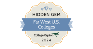 Ribbon depicts a dark cream circle with an orange and squiggly outline. There are three blue gemstones at the top of the circle. Immediately below, black text in all caps reads, "Hidden Gem". In the middle of the circle, white text against a blue ribbon background reads, "Far West U.S. Colleges" At the bottom of the ribbon, bold black text reads, "College Raptor 2024" with a black dinosaur clip-art to the right.