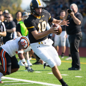 Football player running with the ball during a game.