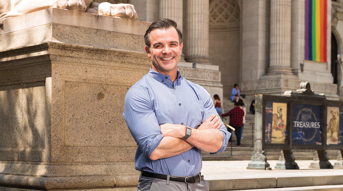Brian Bannon ’97, the Merryl and James Tisch Director of the New York Public Library, poses for a portrait, Tuesday, June 13, 2023, at the iconic Stephen A. Schwarzman Building in New York City. (PLU Photo / Sy Bean)