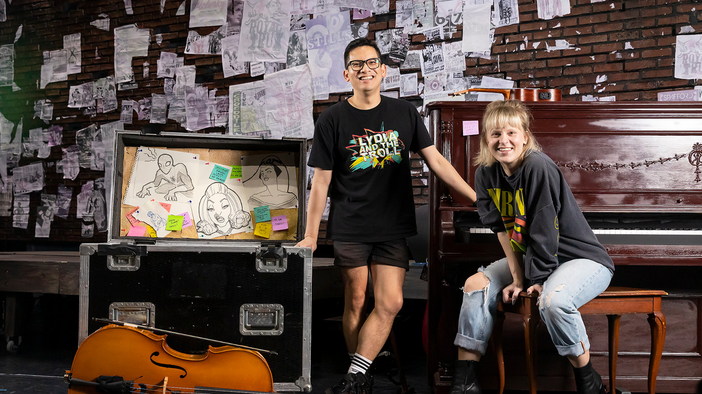 Justin Huertas ’09 and Kiki deLohr ’10 pose on stage before their production of Lizard Boy,Wednesday, June 14, 2023, at Theater Row in New York. (PLU Photo / Sy Bean)