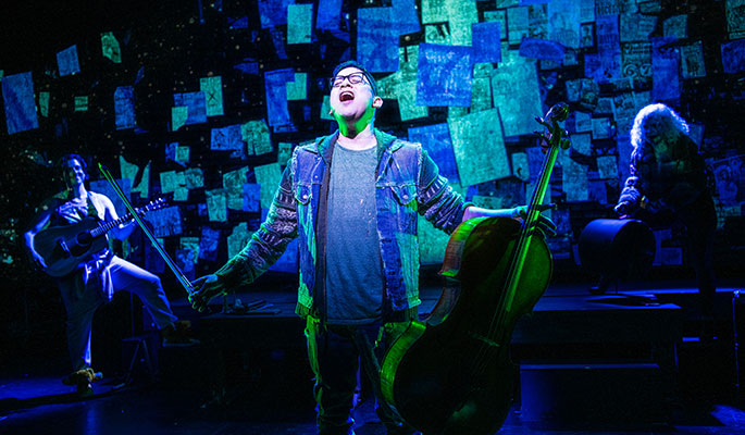 Justin Huertas ’09 on stage during a performance of Lizard Boy. Photo courtesy of Bill Bustamante/Prospect Theater Company.