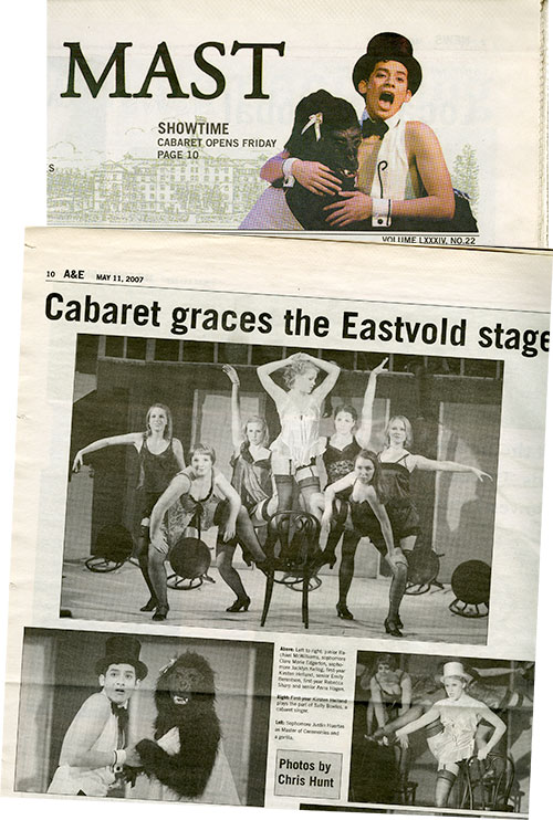 Printouts of an old MAST newspaper from PLU, describing that cabaret is coming to the Eastvold stage
