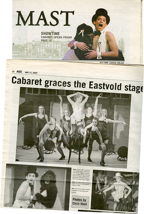 Printouts of an old MAST newspaper from PLU, describing that cabaret is coming to the Eastvold stage Printouts of an old MAST newspaper from PLU, describing that cabaret is coming to the Eastvold stage