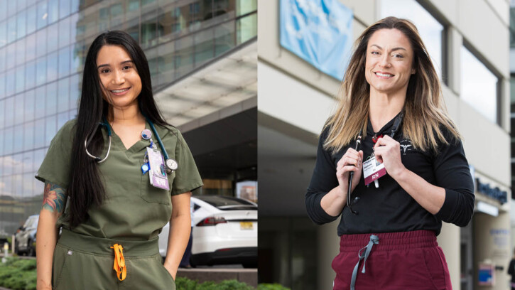 a photo banner split into two portrait photos. One the right is Stephanie Millett wearing nursing scrubs standing in front of Tacoma General Hospital. On the left, Raven Lopez is standing in front of NYU Langone hospital. Both women are smiling into the camera.