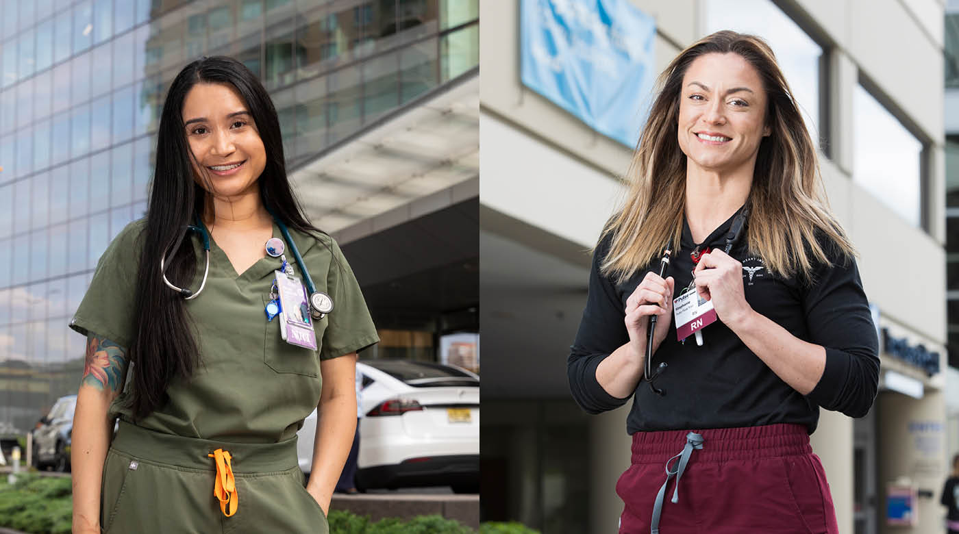 a photo banner split into two portrait photos. One the right is Stephanie Millett wearing nursing scrubs standing in front of Tacoma General Hospital. On the left, Raven Lopez is standing in front of NYU Langone hospital. Both women are smiling into the camera.