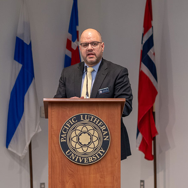 United States diplomat Ryan Gliha speaking at PLU