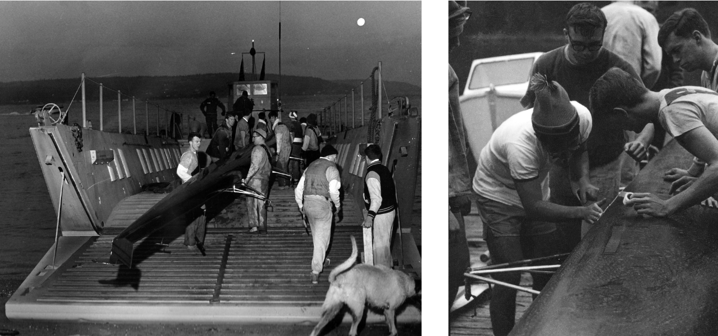 Two black and white photographs. The photo on the right is of the PLU row team loading the row boat on a bigger boat. The photo on the left is of the PLU row team repairing the bottom of the boat.