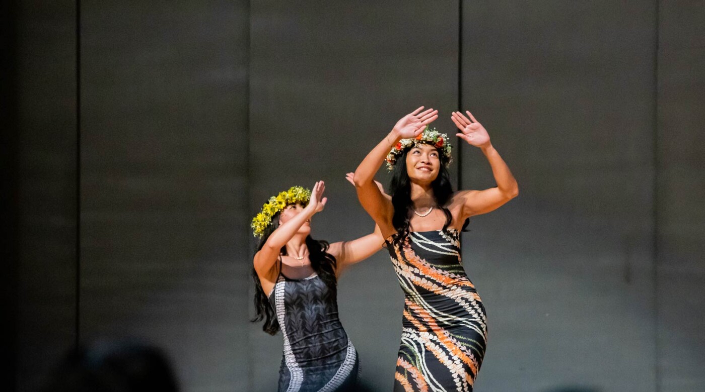 Students perform in Ho’olaule’a 2025: The Cultures of Hawai’i, an event to celebrate the different cultures Hawai’i represents, Saturday, May 3, 2025, in Olson Gymnasium at PLU. From Asian American to Pacific Islander to Native Hawaiian, the educational event offers the PLU Community a chance to learn bout the cultures of Hawaii. (PLU Photo / Joseph Middleton).