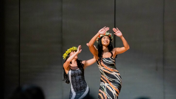 Students perform in Ho’olaule’a 2025: The Cultures of Hawai’i, an event to celebrate the different cultures Hawai’i represents, Saturday, May 3, 2025, in Olson Gymnasium at PLU. From Asian American to Pacific Islander to Native Hawaiian, the educational event offers the PLU Community a chance to learn bout the cultures of Hawaii. (PLU Photo / Joseph Middleton).