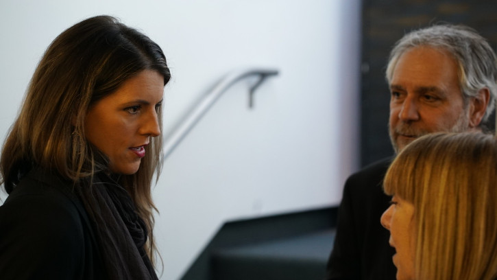 Jenn Henrichsen connects with fellow participants at the launch of the Center for Media at Risk, located at the Annenberg School for Communication at the University of Pennsylvania.