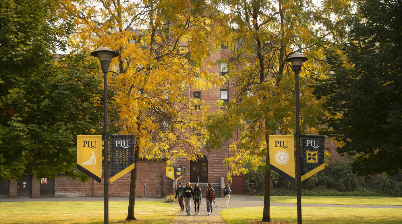 Students walk to class on a fall day at PLU.