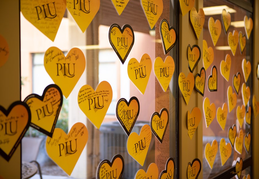 Hearts in a window on a day of giving.