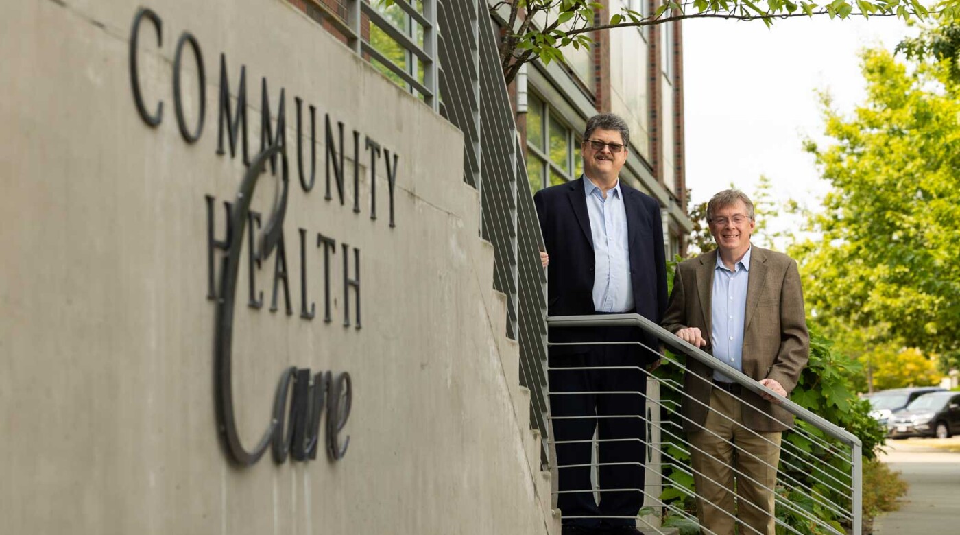 Russ Sondker, Director of Marketing, and David Flentge, President and CEO of Community Health Care, pose for a photo at the Eastside Medical Clinic, Friday, Aug. 1, 2025, in Tacoma, Wash. (PLU Photo / Sy Bean)