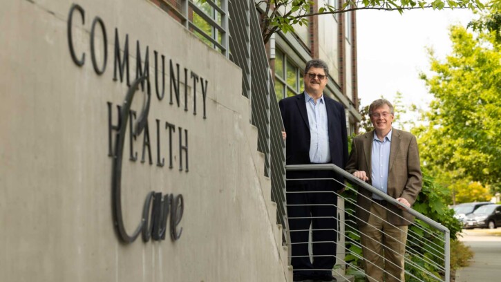 Russ Sondker, Director of Marketing, and David Flentge, President and CEO of Community Health Care, pose for a photo at the Eastside Medical Clinic, Friday, Aug. 1, 2025, in Tacoma, Wash. (PLU Photo / Sy Bean)