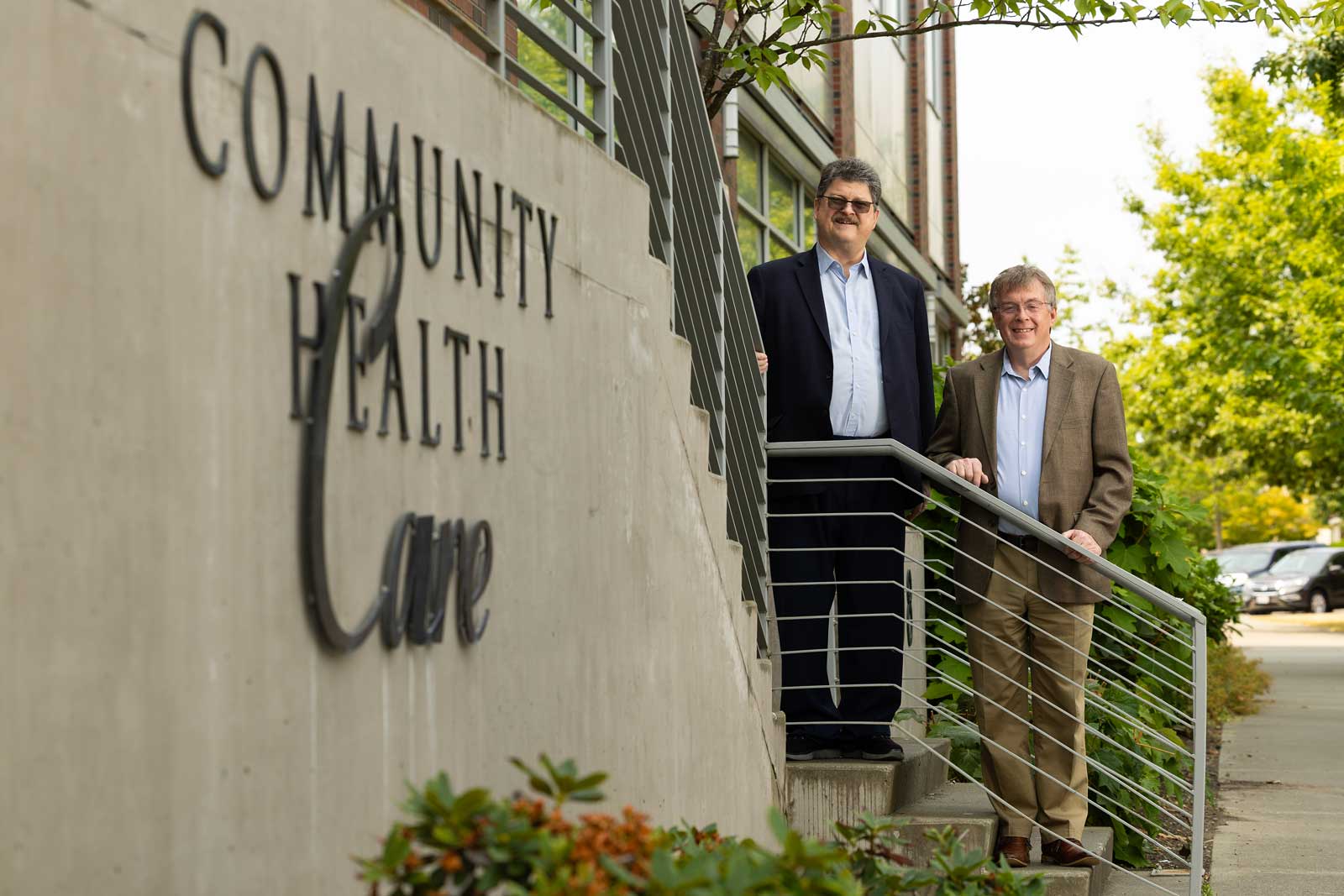 Russ Sondker, Director of Marketing, and David Flentge, President and CEO of Community Health Care, pose for a photo at the Eastside Medical Clinic, Friday, Aug. 1, 2025, in Tacoma, Wash. (PLU Photo / Sy Bean)