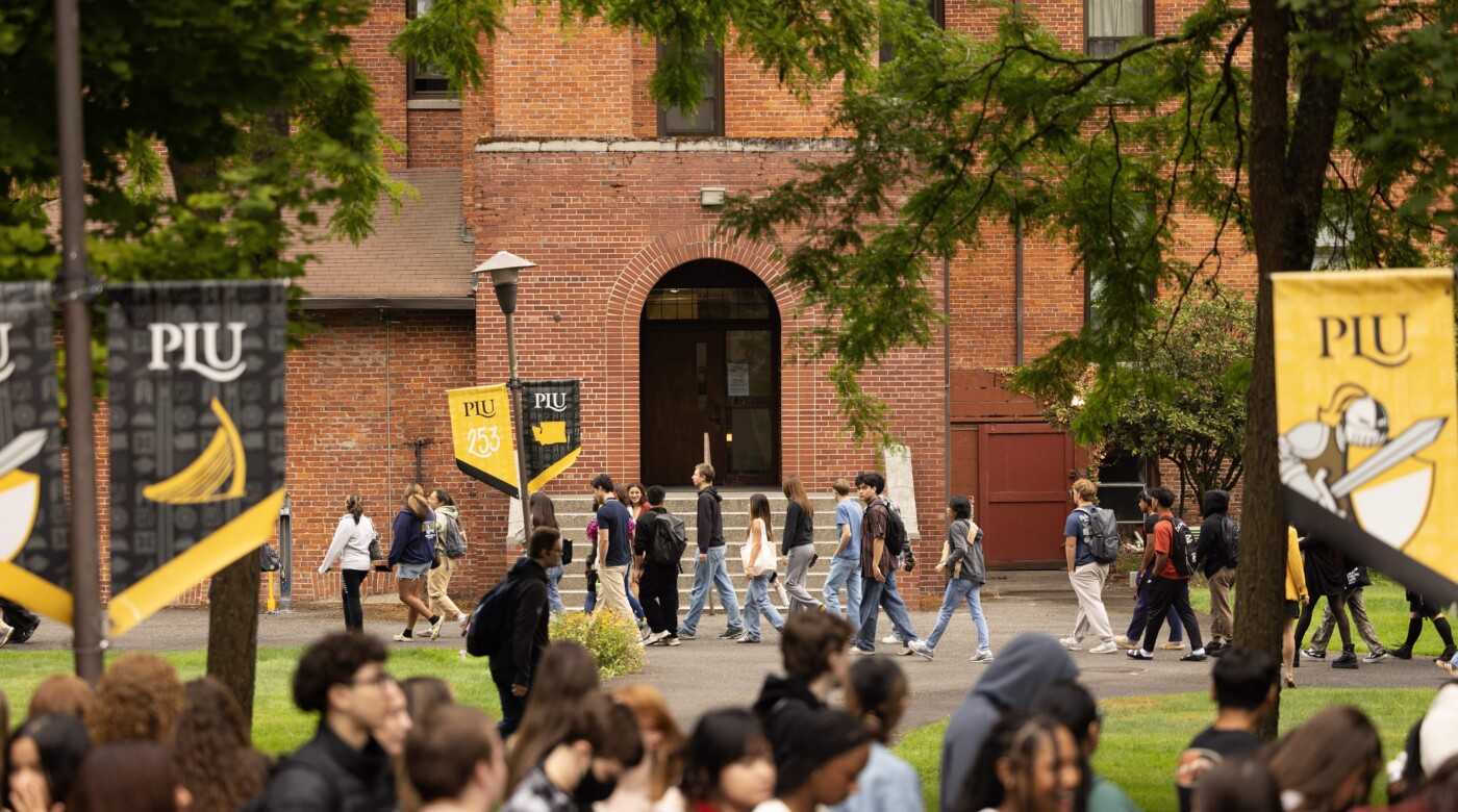 Students gather outside on campus at the beginning of the 2025-2026 academic year.