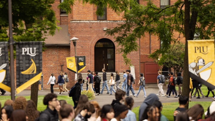 Students gather outside on campus at the beginning of the 2025-2026 academic year.