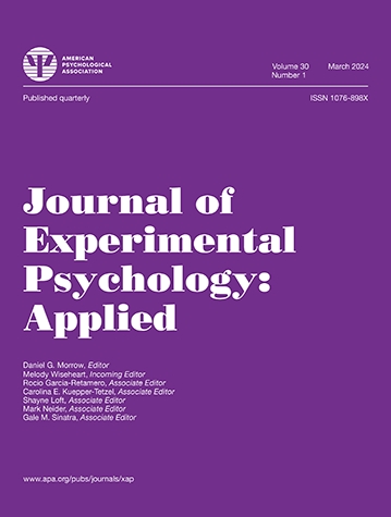 The cover of the Journal of Experimental Psychology: Applied. The cover is mostly dark purple with the title in large white letters. Editors' names are in smaller white text toward the bottom.