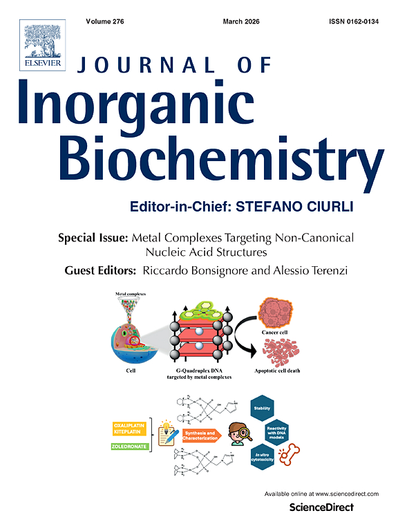 Cover of the Journal of Inorganic Biochemistry, which is read in large blue text. Drawings of cells and compounds cover the bottom half of the image.
