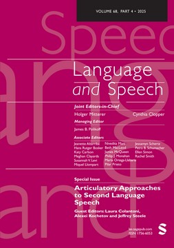 The cover of the journal, Language and Speech. The title and editors are in small white text against a magenta background.