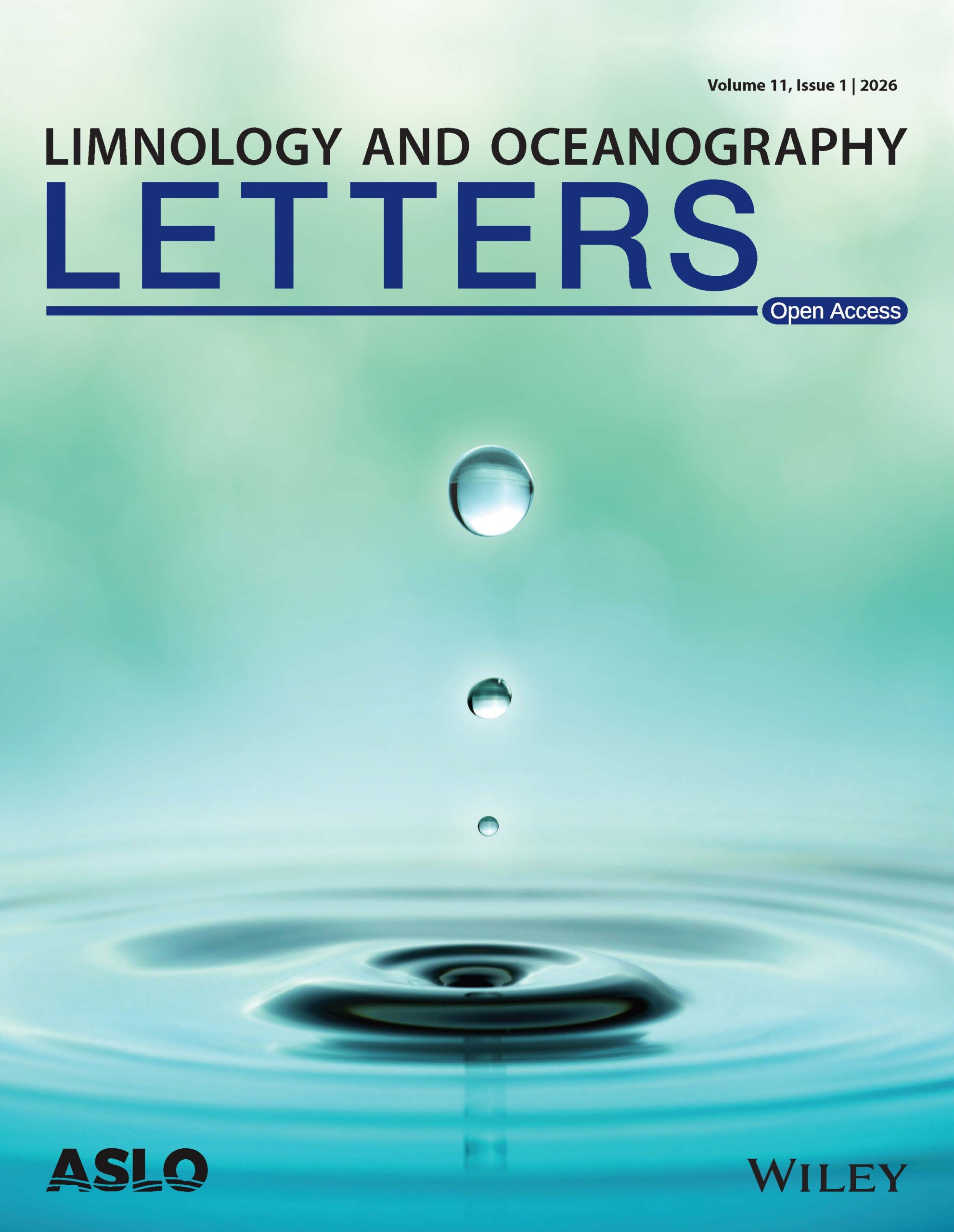 The cover of the journal Limnology and Oceanography Letters. The title is written in black and blue letters, and a three drops of water are falling into a pool of water.