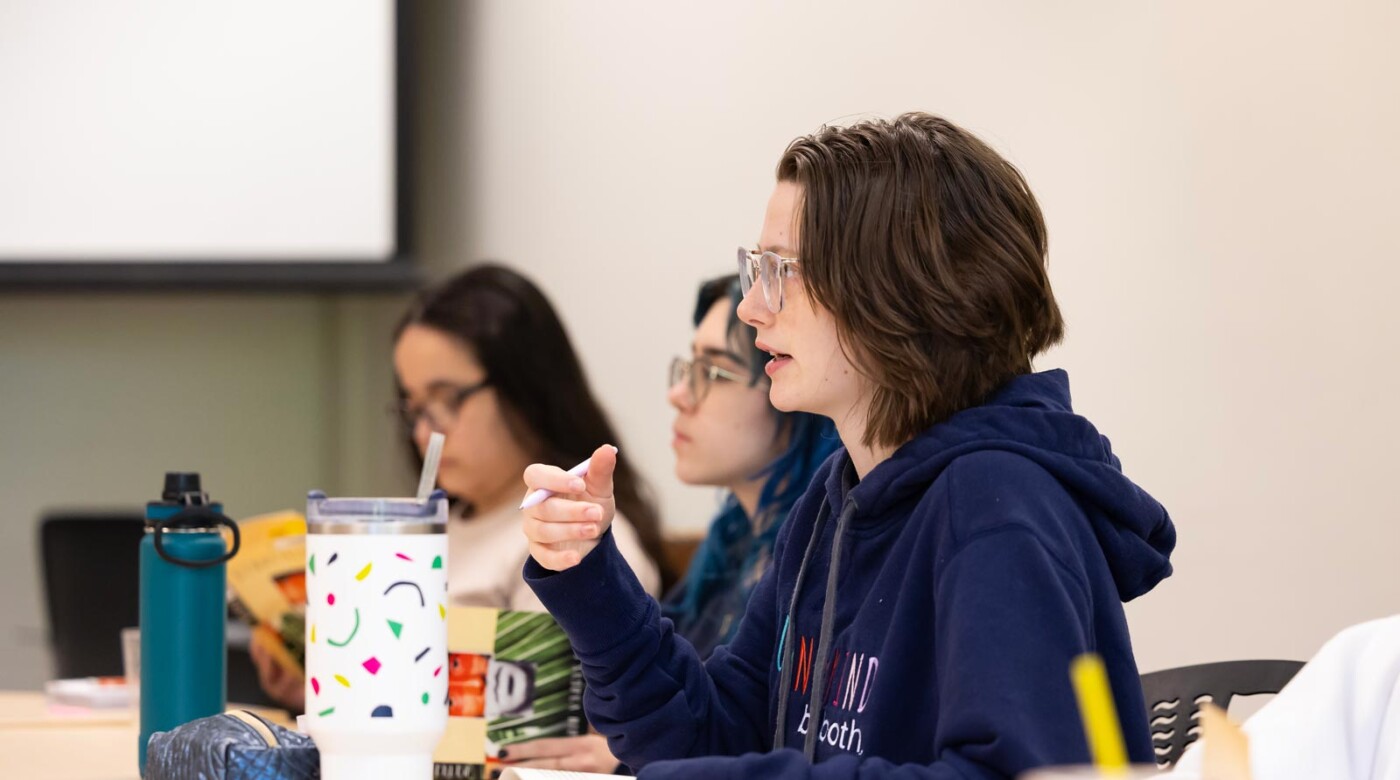 Resident Assistant Professor Christian Gerzso leads a roundtable discussion in his IHON 112 course titled “Liberty, Power, and Imagination,” Thursday, May 8, 2025, in the Hauge Administration Building at PLU. The course examines innovative ideas and institutions from the Enlightenment to today that have shaped the contemporary world. (PLU Photo / Sy Bean)