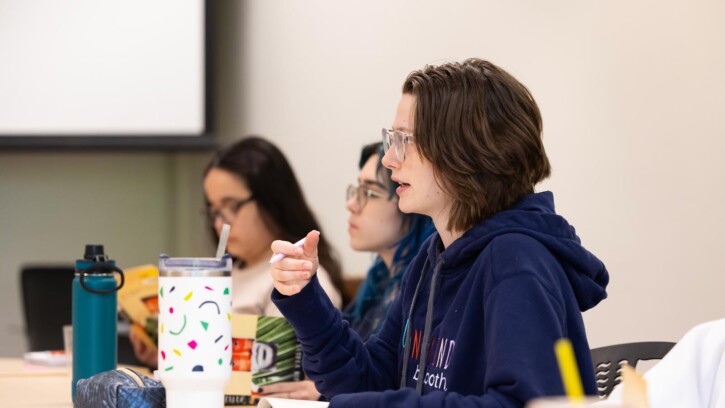 Resident Assistant Professor Christian Gerzso leads a roundtable discussion in his IHON 112 course titled “Liberty, Power, and Imagination,” Thursday, May 8, 2025, in the Hauge Administration Building at PLU. The course examines innovative ideas and institutions from the Enlightenment to today that have shaped the contemporary world. (PLU Photo / Sy Bean)