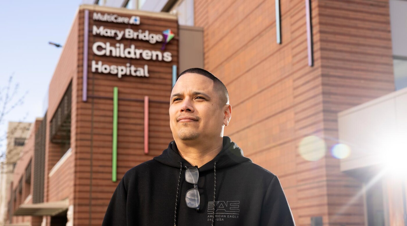 BSW student Eric Camel poses outside of Mary Bridge Children’s Hospital where he is currently placed as part of his major, Thursday, April 2, 2026, at PLU. (PLU Photo / Sy Bean)