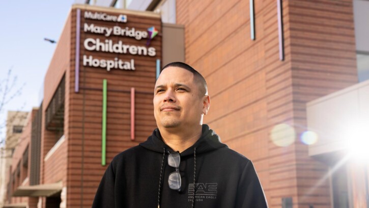 BSW student Eric Camel poses outside of Mary Bridge Children’s Hospital where he is currently placed as part of his major, Thursday, April 2, 2026, at PLU. (PLU Photo / Sy Bean)