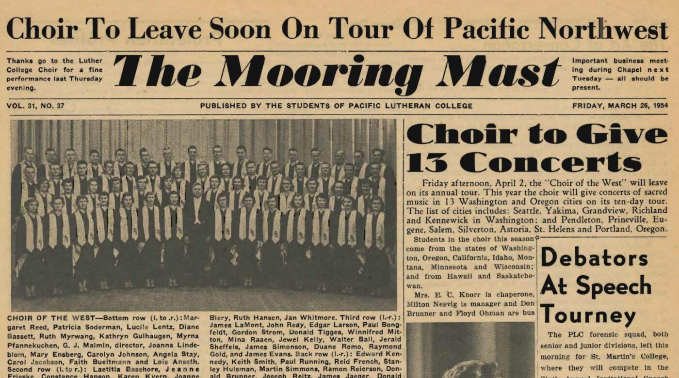 The Mooring Mast: March 1954 "Choir to Give 13 Concerts" Ed Larson 3rd row: 3rd from Left