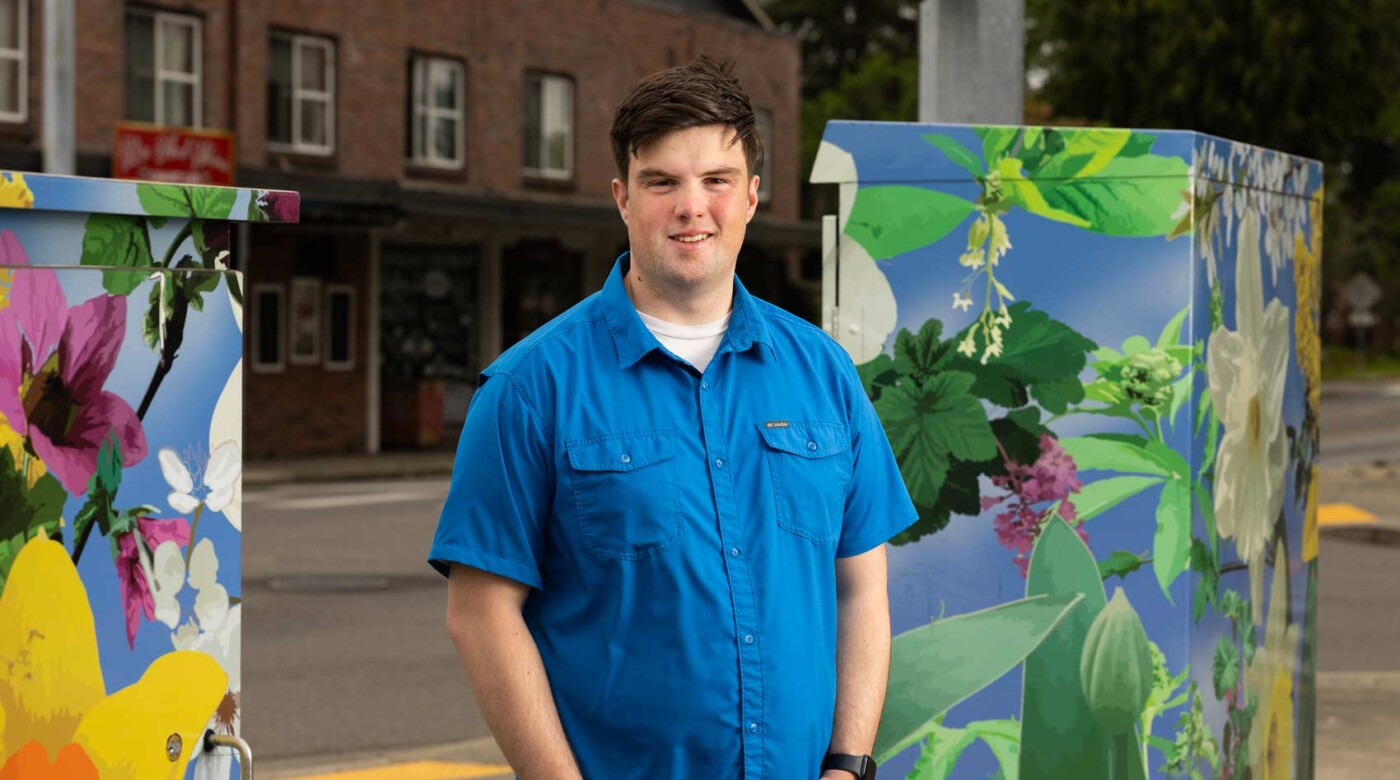 Calvin Fish poses for his Senior Spotlight portrait, Tuesday, May 5, 2026, at PLU. (PLU Photo / Sy Bean)