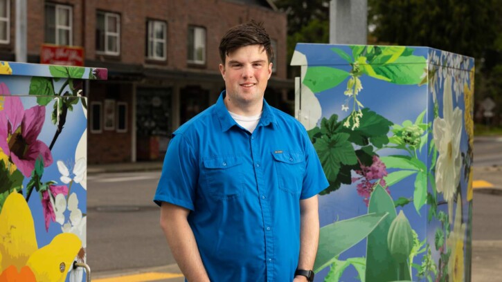 Calvin Fish poses for his Senior Spotlight portrait, Tuesday, May 5, 2026, at PLU. (PLU Photo / Sy Bean)