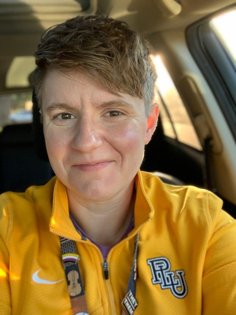 Harris snapped this selfie in PLU gear for a September 2025 college gear spirit day at their school. Harris snapped this selfie in PLU gear for a September 2025 college gear spirit day at their school.