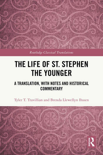Cover of a book, mostly red in design, with black text against a white background that reads, "The life of St. Stephen the younger. A translation, with notes and historical commentary."