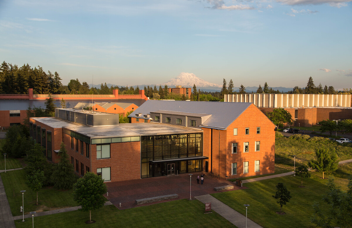 Morken Center for Learning and Technology with Mt. Rainier in the background.