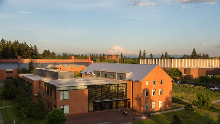 Morken Center for Learning and Technology with Mt. Rainier in the background.